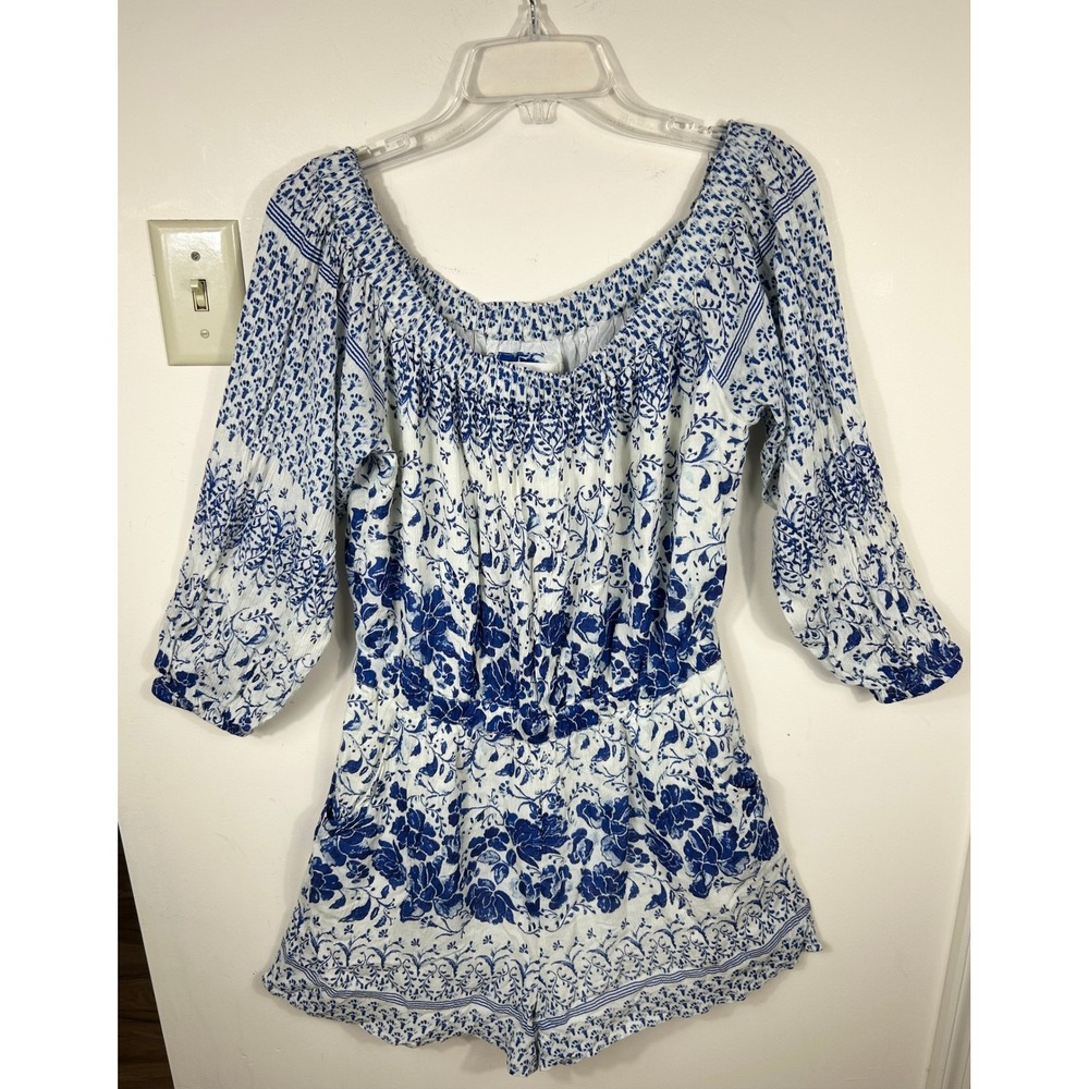 Anthropologie Romper Women‎ S Blue White Floral Cottagecore Coastal Grandma